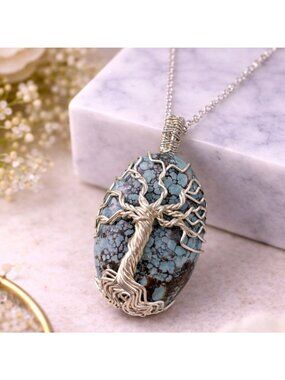 Magnesite Tree Of Life Pendant Necklace With Copper & S925 Plated Chain Handmade